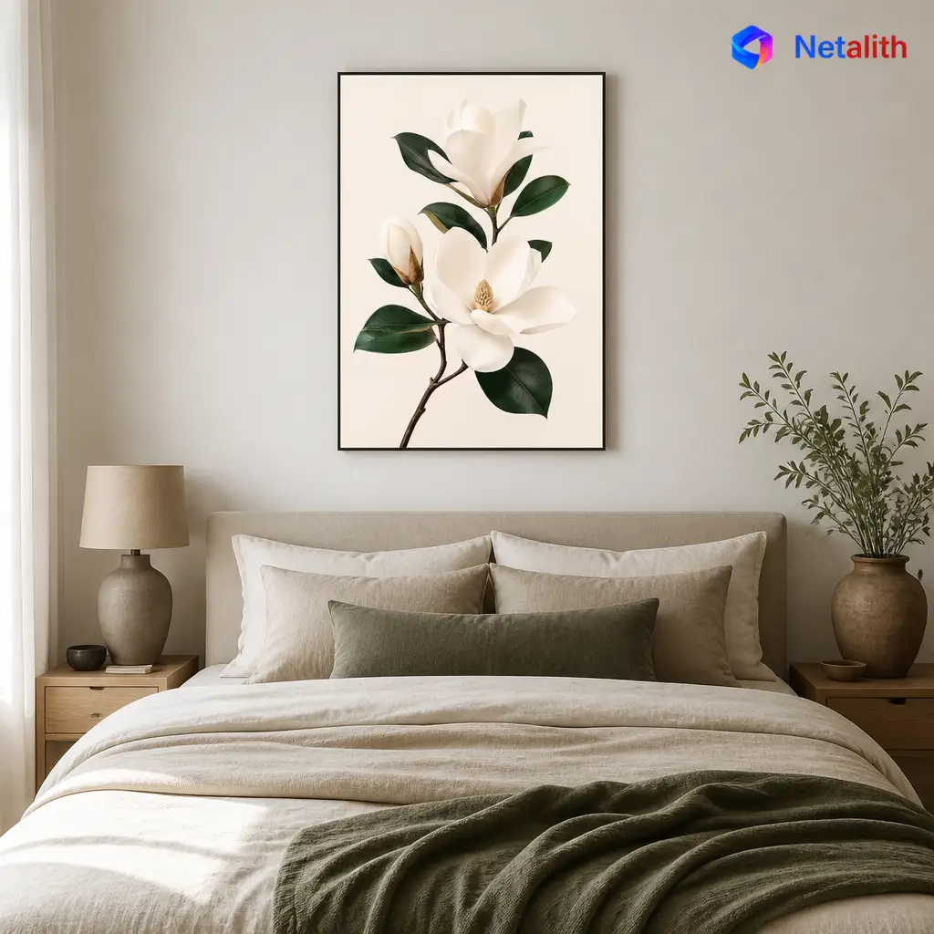 White Magnolia Branch Minimalist Botanical Wall Art | Cream And White Printable Digital Download | Botanical Home Decor Print