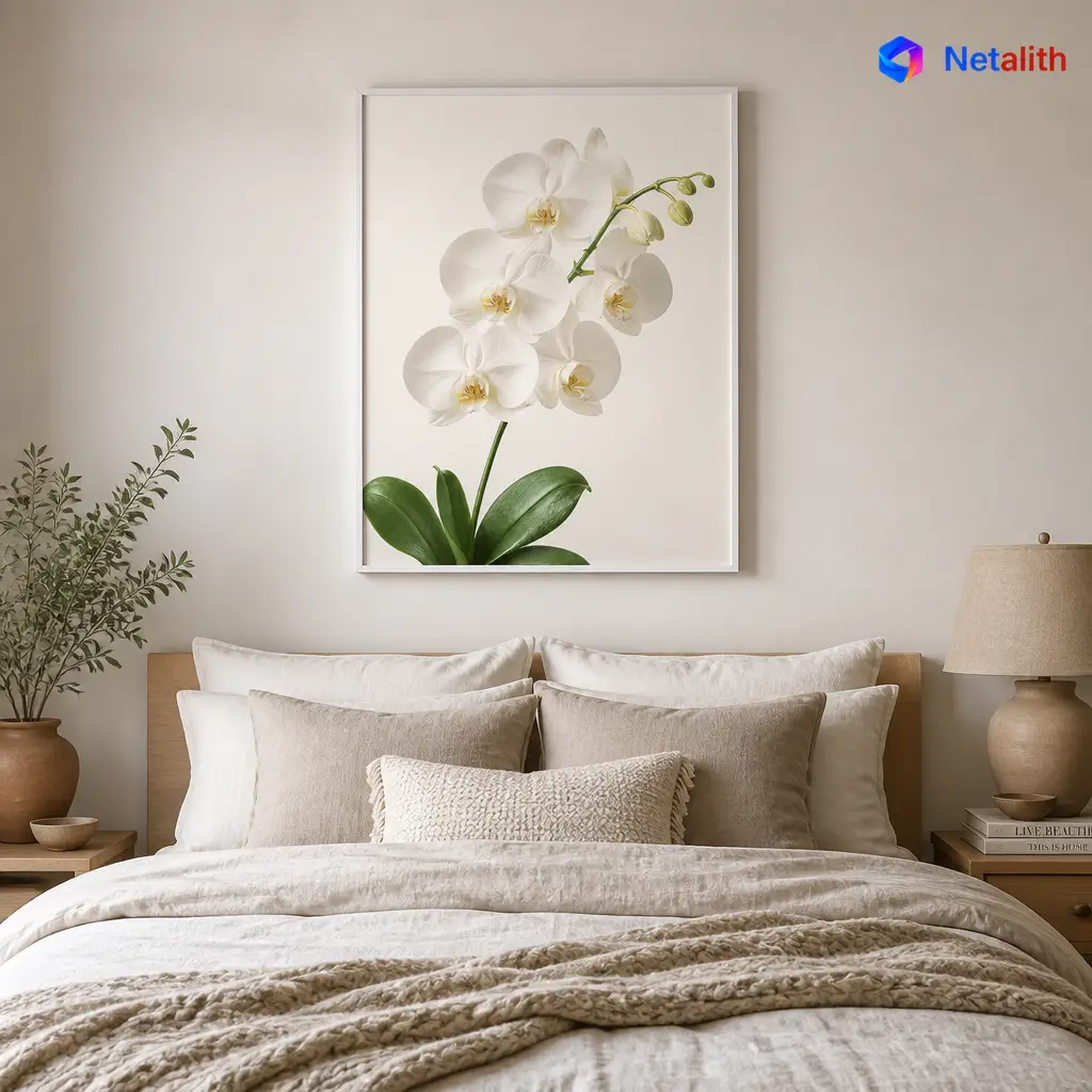 White Orchid Stem Elegant Minimal Wall Art | White And Green Printable Digital Download | Botanical Home Decor Print