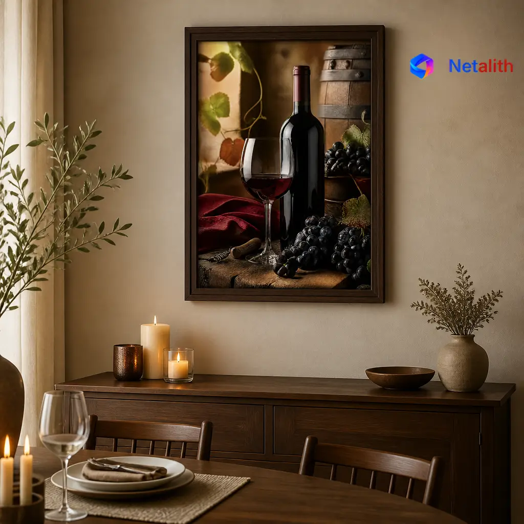 Wine and Grapes Tuscan Still Life Wall Art | Burgundy Printable Digital Download | Kitchen Home Decor Print