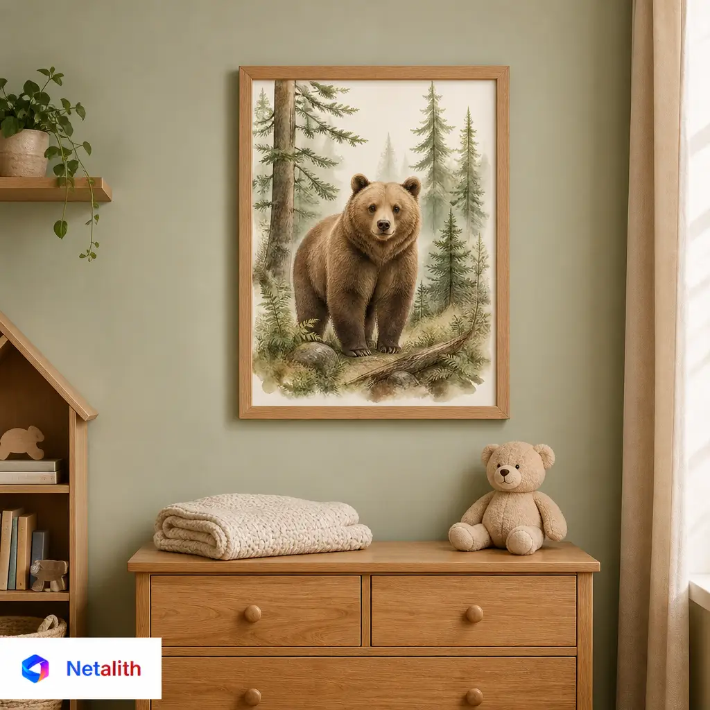 Woodland Brown Bear Woodland Watercolor Wall Art | Earthy Brown Printable Digital Download | Animal Home Decor Print