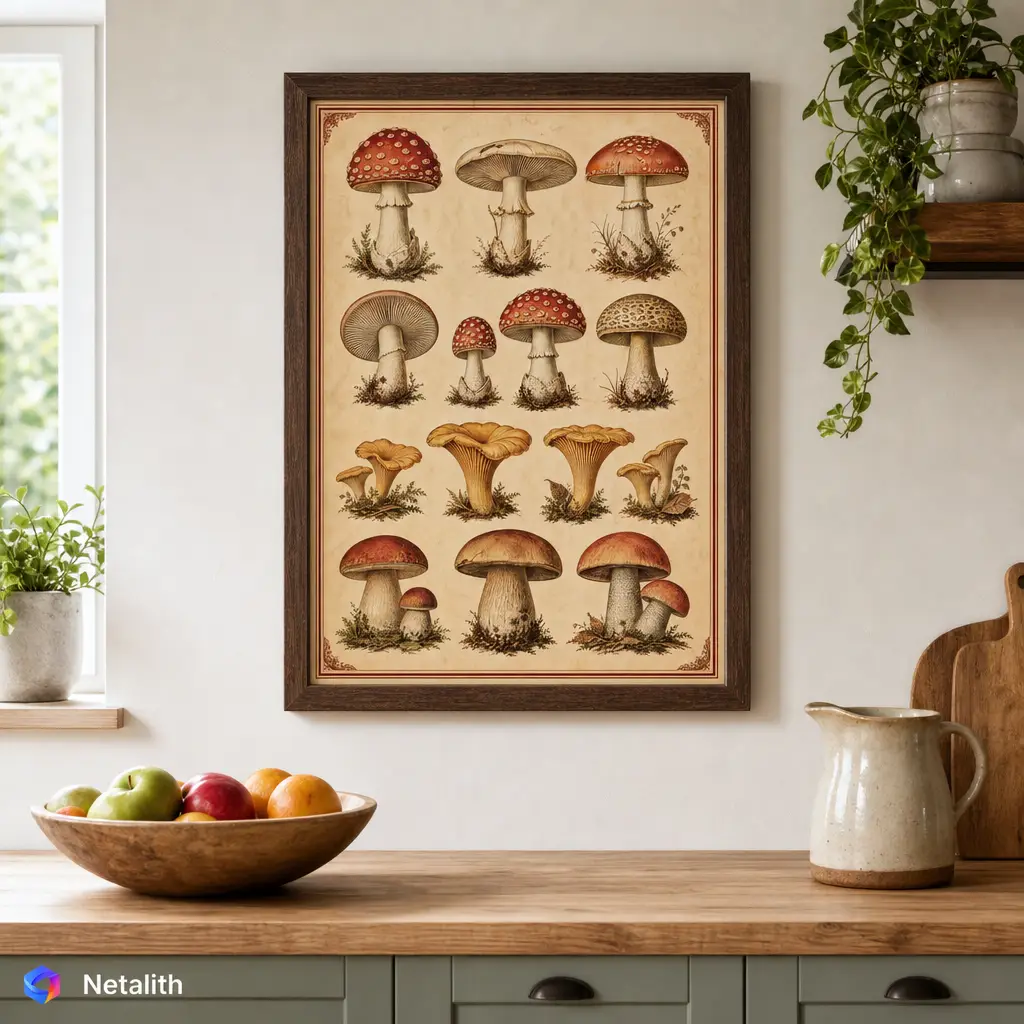Woodland Mushroom Chart Vintage Naturalist Chart Wall Art | Rust And Cream Printable Digital Download | Vintage Home Decor Print