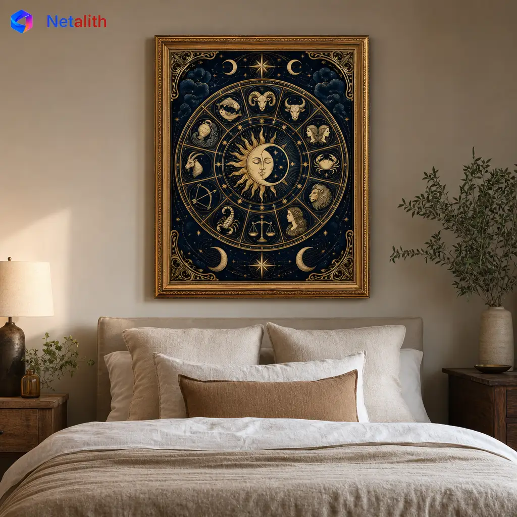 Zodiac Wheel Mystical Chart Wall Art | Navy And Cream Printable Digital Download | Celestial Home Decor Print