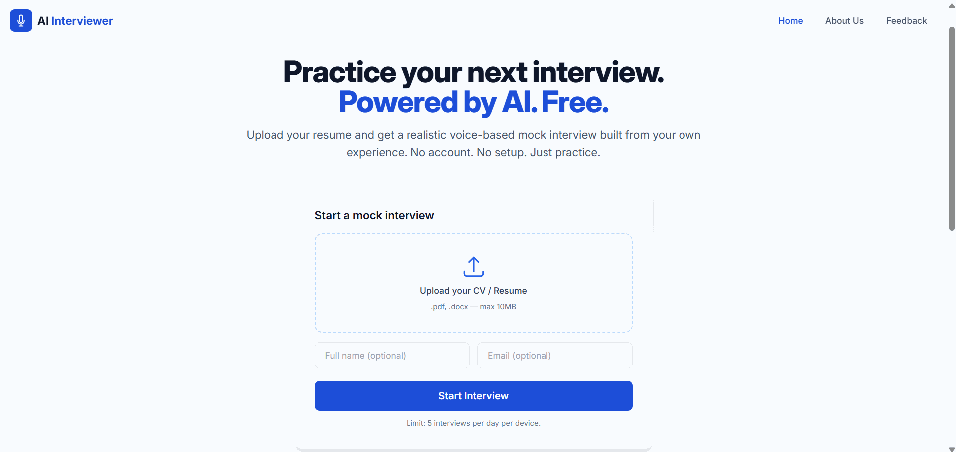 Screenshot of the AI Interview Assistant conducting a CV-based mock interview
