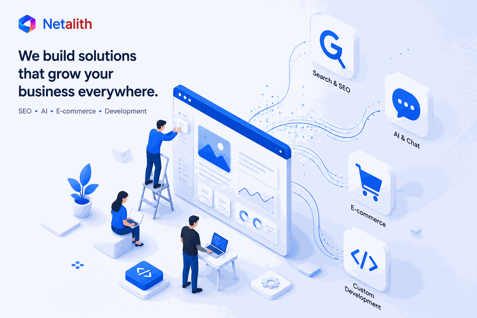 Illustration of the Netalith team building software with SEO, AI, and eCommerce icons around it