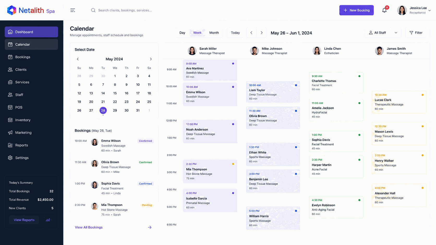 a spa management system with booking calendar and staff schedules