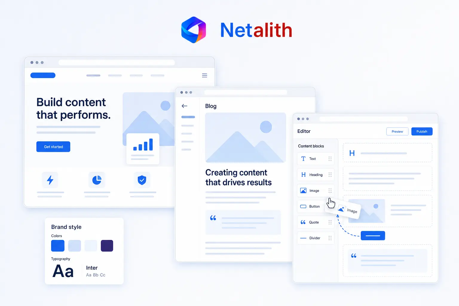 A company landing page, a blog layout and a CMS editor with brand colors and typography — Netalith business website development