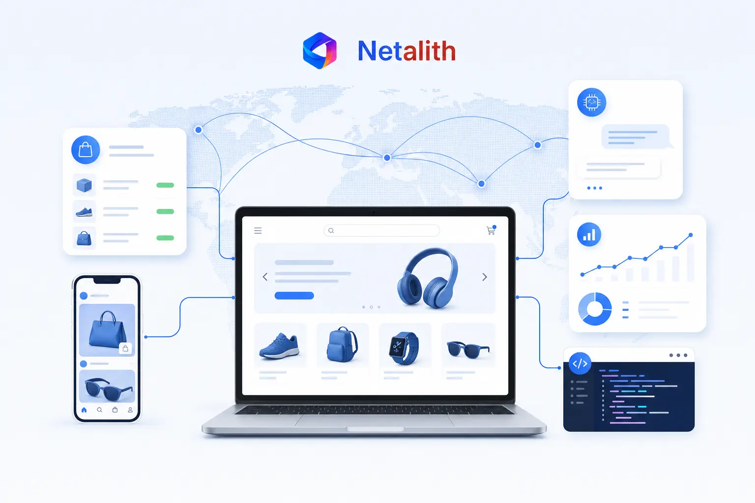 An online store connected to marketplaces, social commerce, AI chat and analytics across the US, Europe, the Middle East and the Americas — Netalith