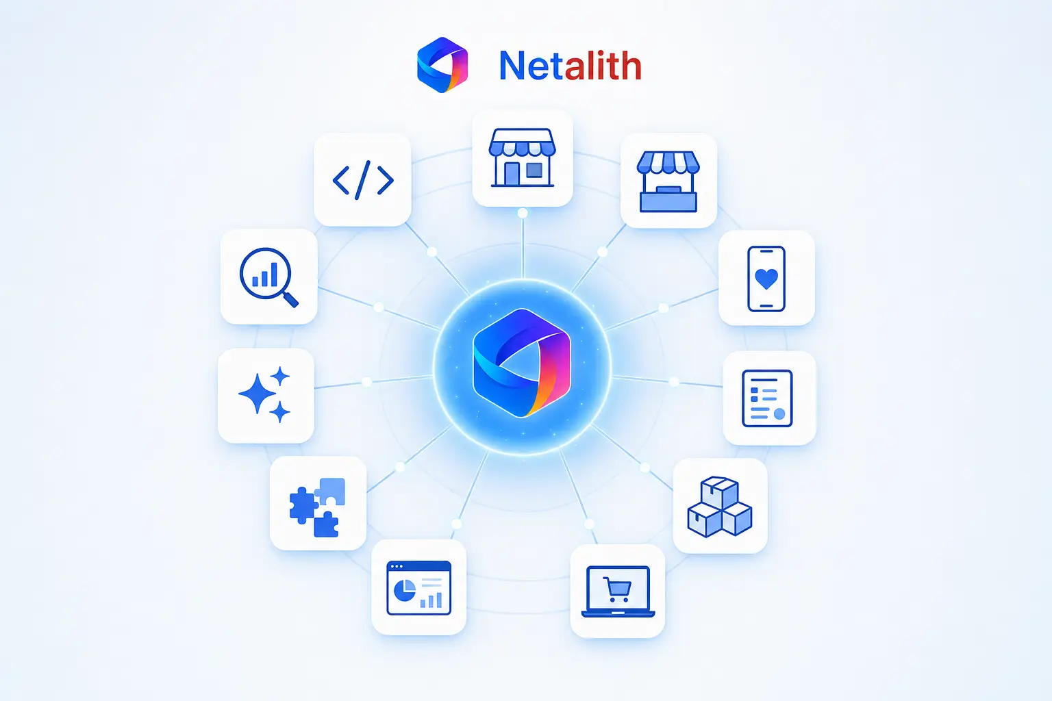 Netalith services hub: eCommerce, marketplaces, social commerce, feeds, migration, websites, business systems, Odoo, AI, SEO and software