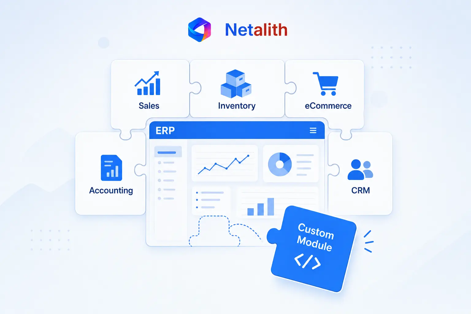 Odoo app modules for sales, inventory, eCommerce, accounting and CRM around an ERP dashboard with a custom module being added — Netalith Odoo development services
